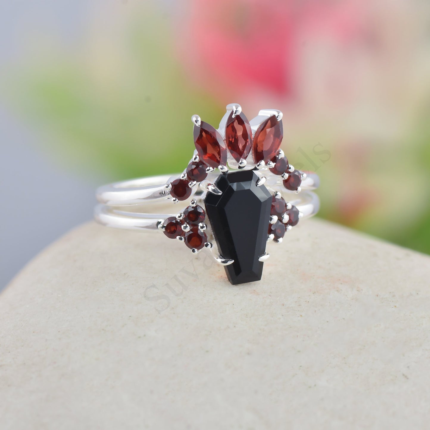 Coffin Shape Black Onyx Wedding Ring