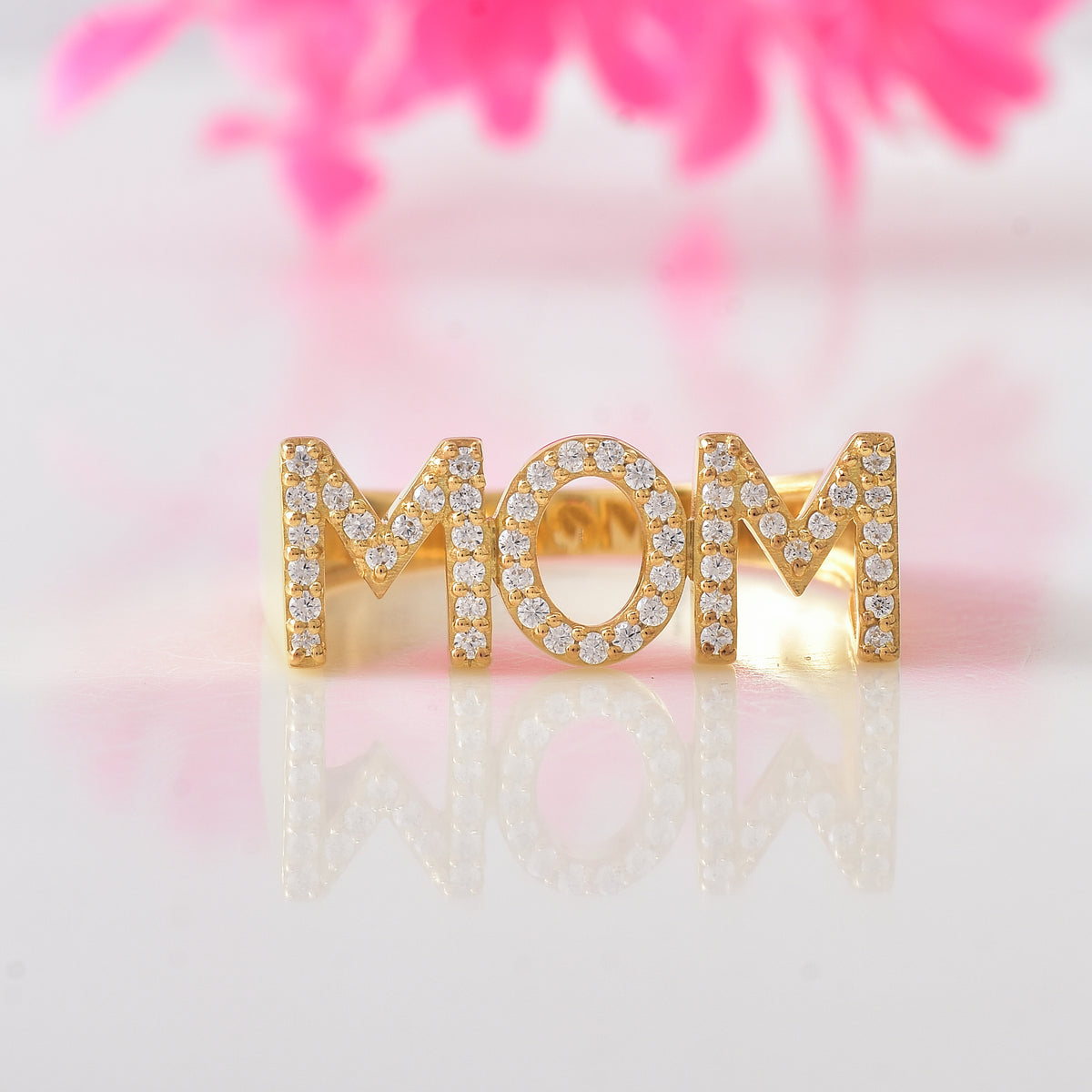 925 Sterling Silver Gold Plated Moissanite MoM Ring
