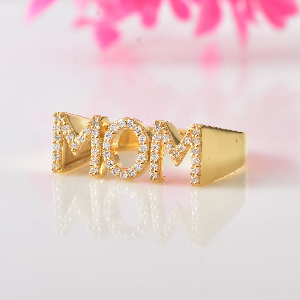 925 Sterling Silver Gold Plated Moissanite MoM Ring