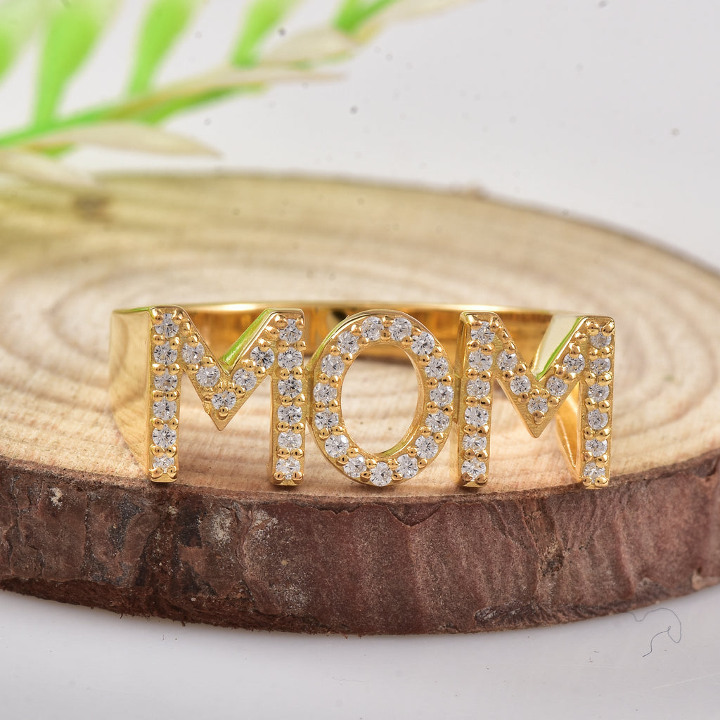 925 Sterling Silver Gold Plated Moissanite MoM Ring