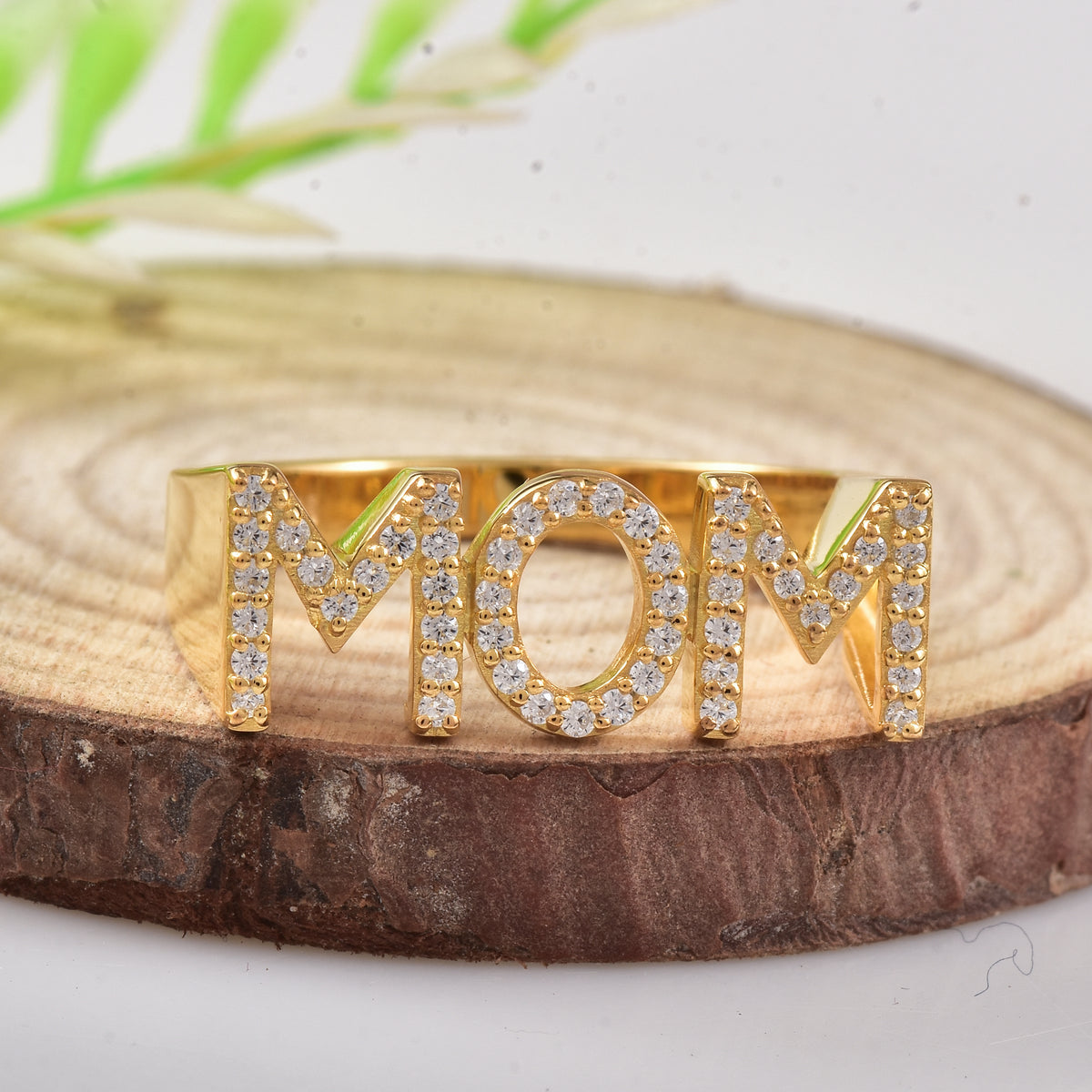 925 Sterling Silver Gold Plated Moissanite MoM Ring