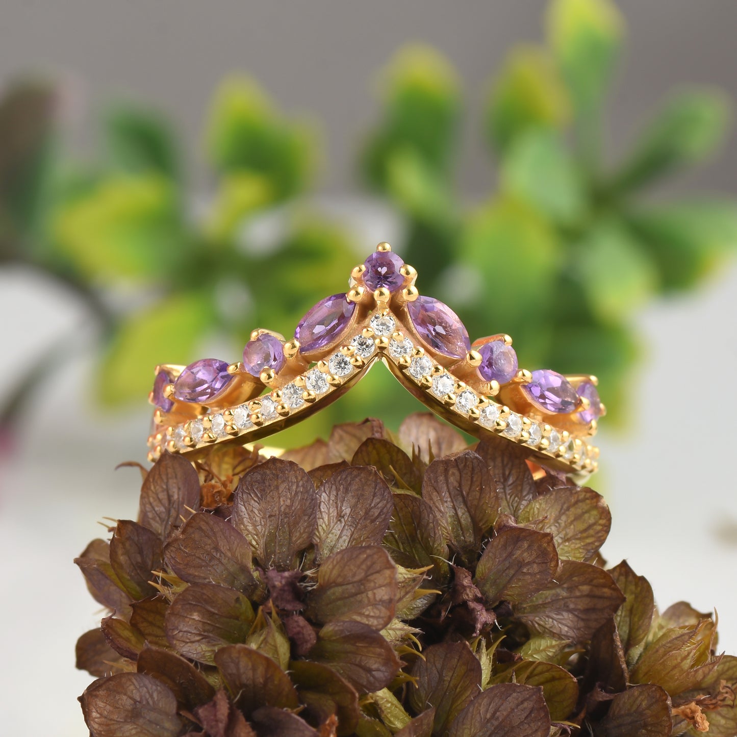 Natural Amethyst Curved Engagement ring