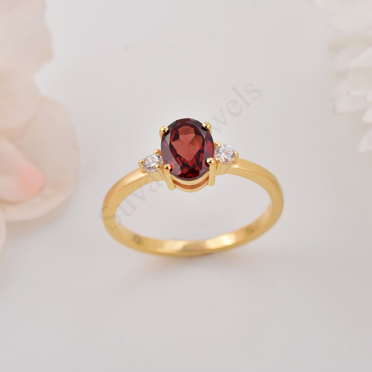 Dainty Red GarnetOval Cut Silver Ring