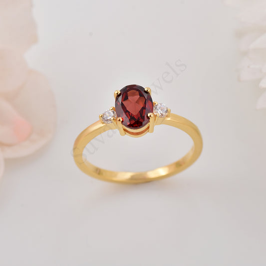 Dainty Red GarnetOval Cut Silver Ring