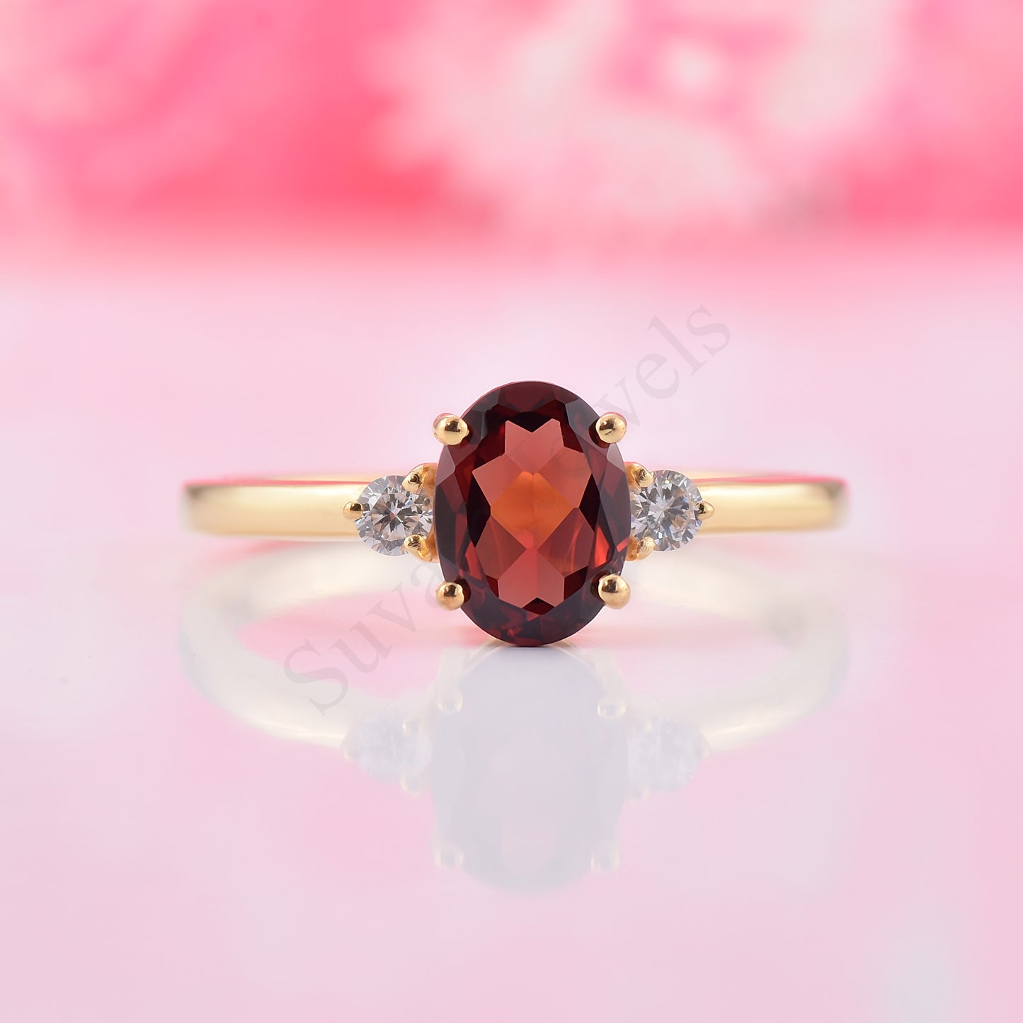 Dainty Red GarnetOval Cut Silver Ring