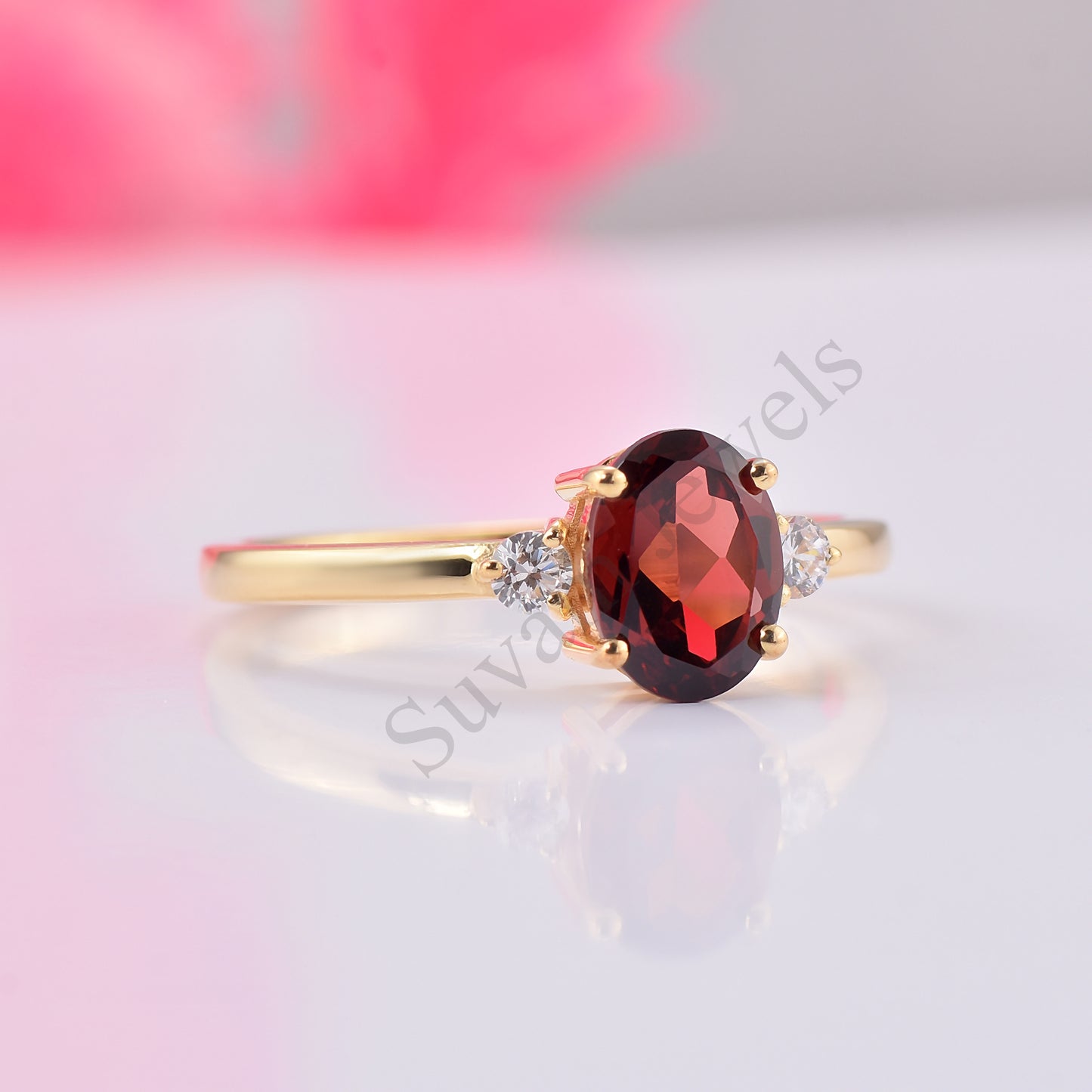 Dainty Red GarnetOval Cut Silver Ring