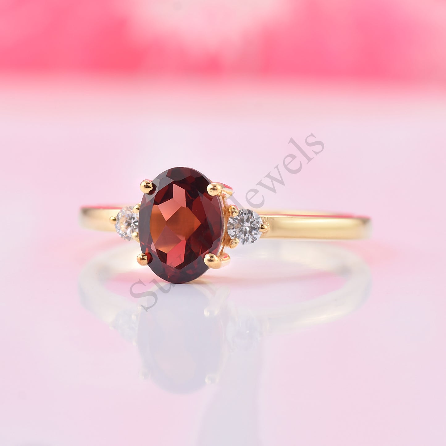 Dainty Red GarnetOval Cut Silver Ring