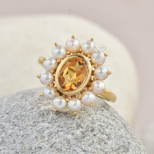 Natural Madeira Citrine Pearl ring