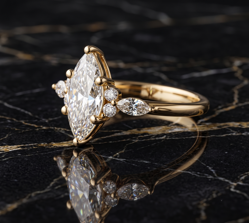 Vintage Marquise Moissanite Ring, 14k Gold Plated Cluster Side Stone, Sterling Silver Band
