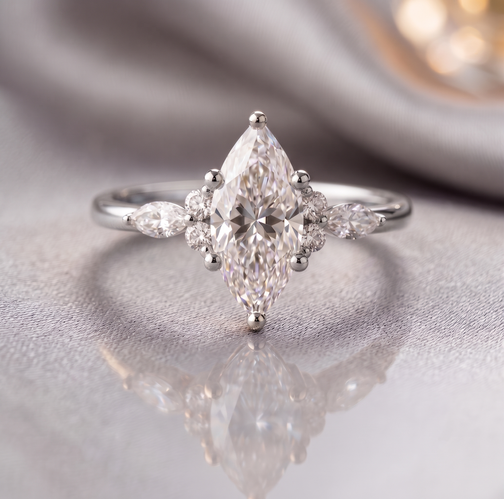 Vintage Marquise Moissanite Ring, 14k Gold Plated Cluster Side Stone, Sterling Silver Band