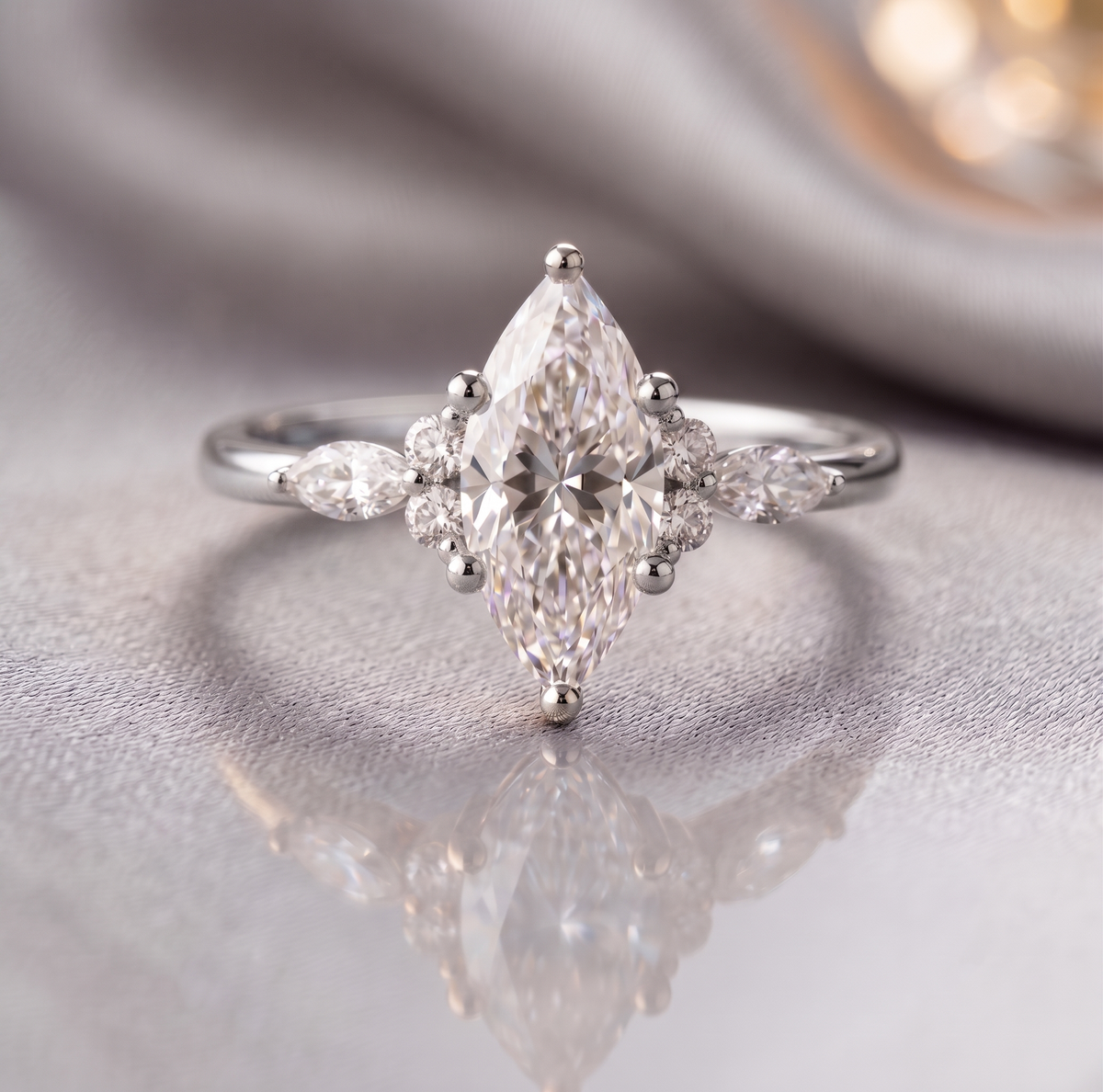 Vintage Marquise Moissanite Ring, 14k Gold Plated Cluster Side Stone, Sterling Silver Band