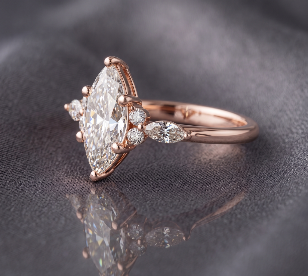 Vintage Marquise Moissanite Ring, 14k Gold Plated Cluster Side Stone, Sterling Silver Band