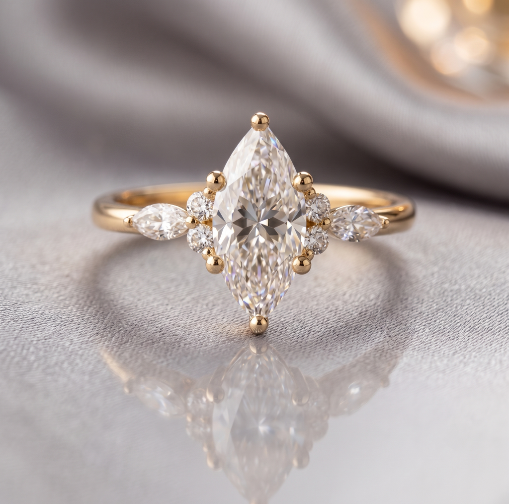 Vintage Marquise Moissanite Ring, 14k Gold Plated Cluster Side Stone, Sterling Silver Band